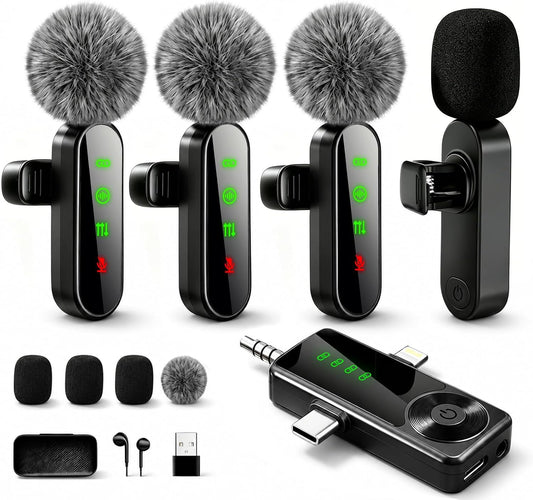 4 Packs Wireless Lavalier Microphone for iPhone Android Camera | Mini Clip-On Mic with Noise Reduction for 4-Person Video Recording, Interviews, Podcasts, YouTube, TikTok & Vlogging (Black)