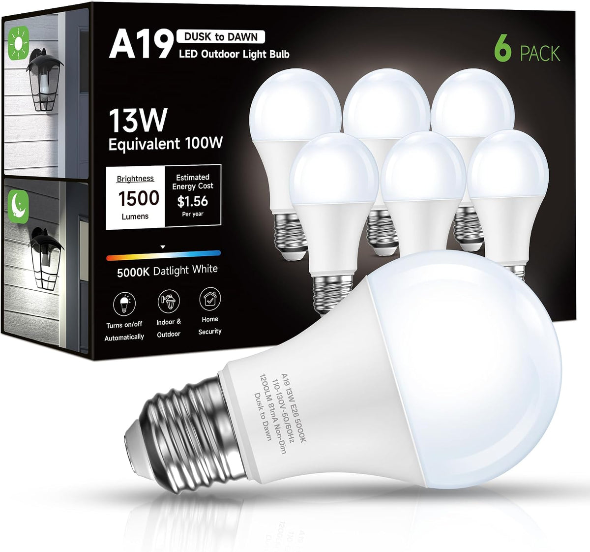 Dusk to Dawn Light Bulb Outdoor 100W Equivalent, Daylight 5000K, 1200LM