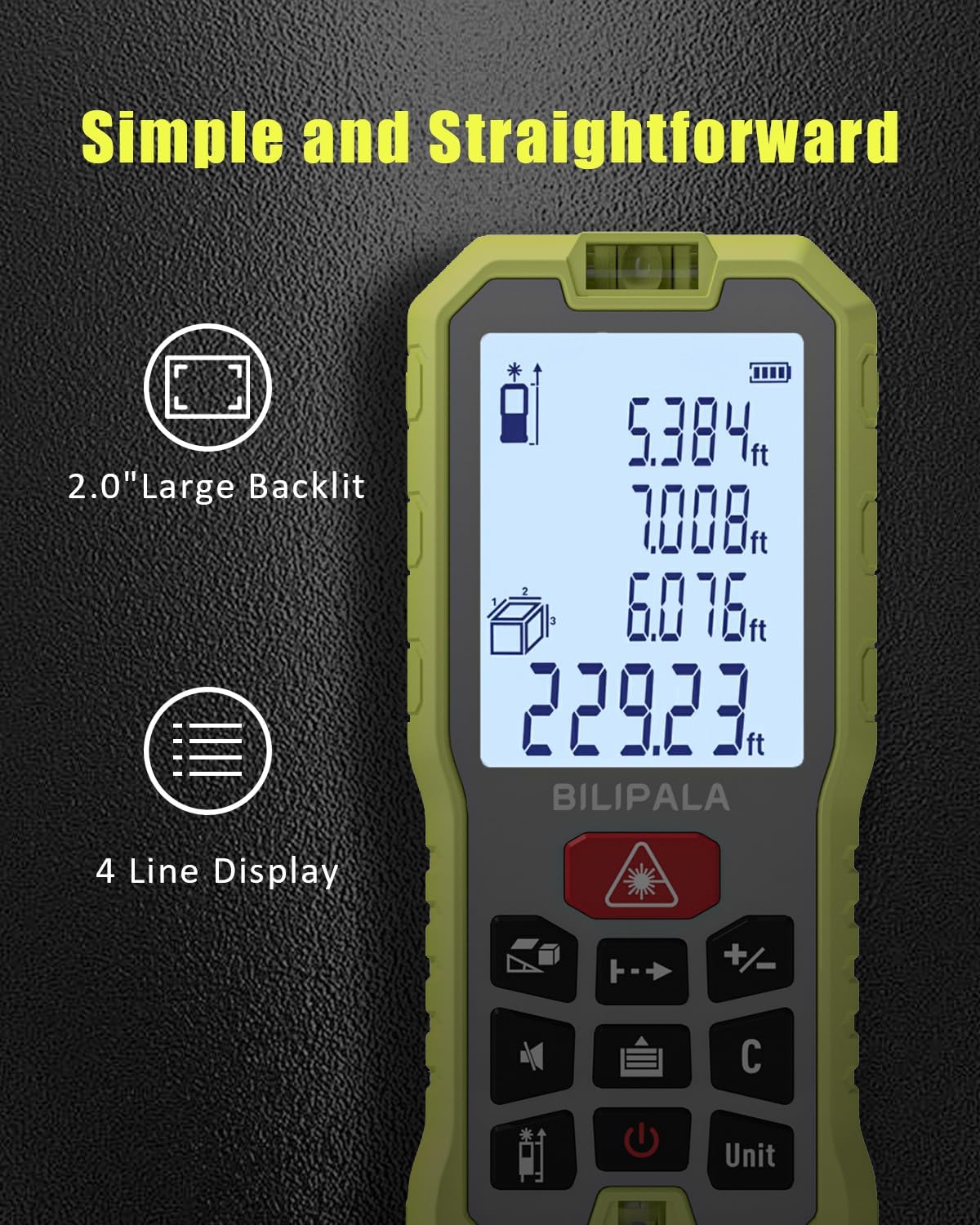 Laser Measure, 165ft Digital Laser Distance Meter with 2 Bubble Levels, 2" Backlit LCD, High Precision Laser Measuring Tool,Area Measurement,Volume and Pythagoras, Mute, Battery Included
