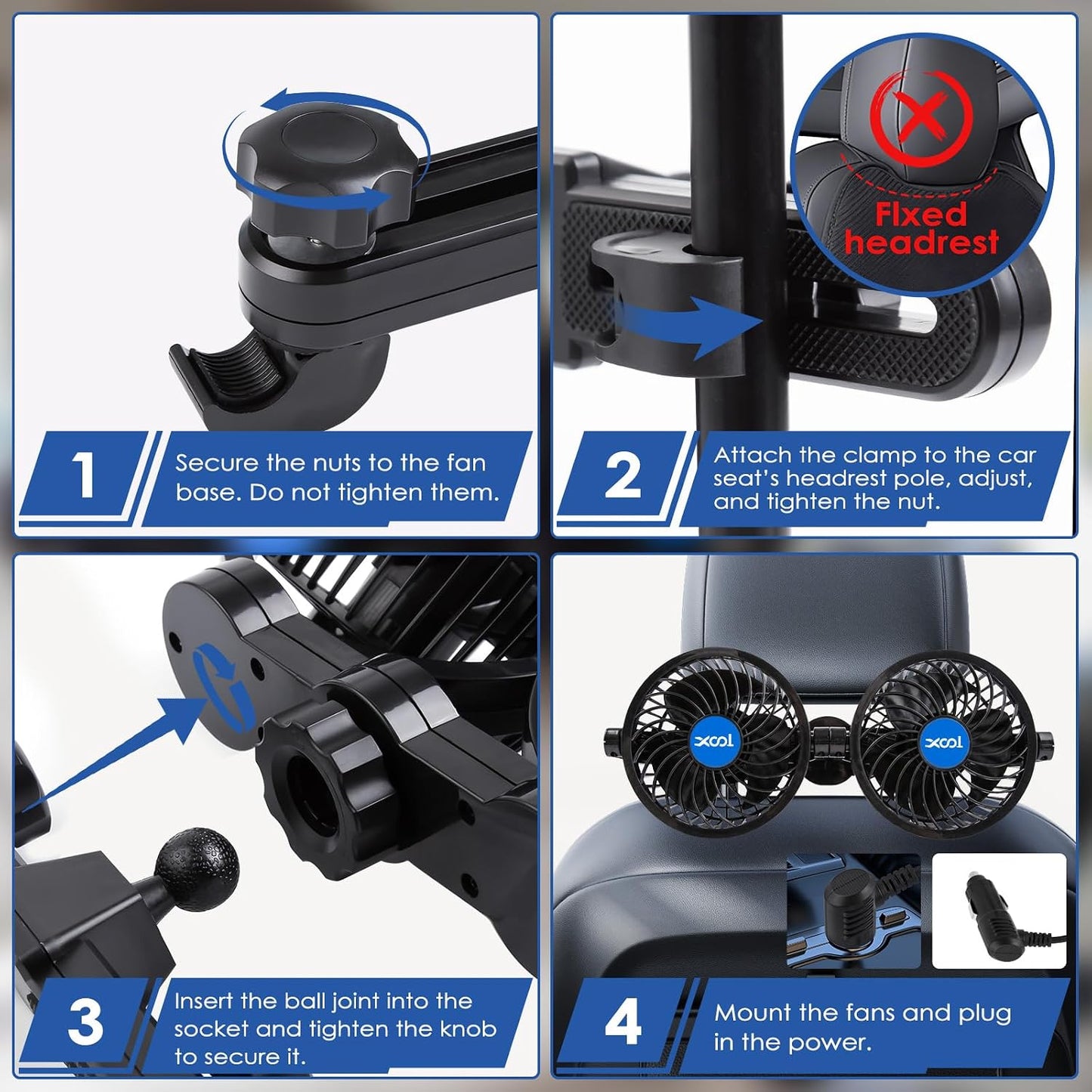 XOOL Electric Car Fans for Rear Seat Passenger Portable Fans Headrest 360 Degree Rotatable Backseat Car Fan 12V Cooling Air Fan with Stepless Speed Regulation for Vehicles, SUV, RV