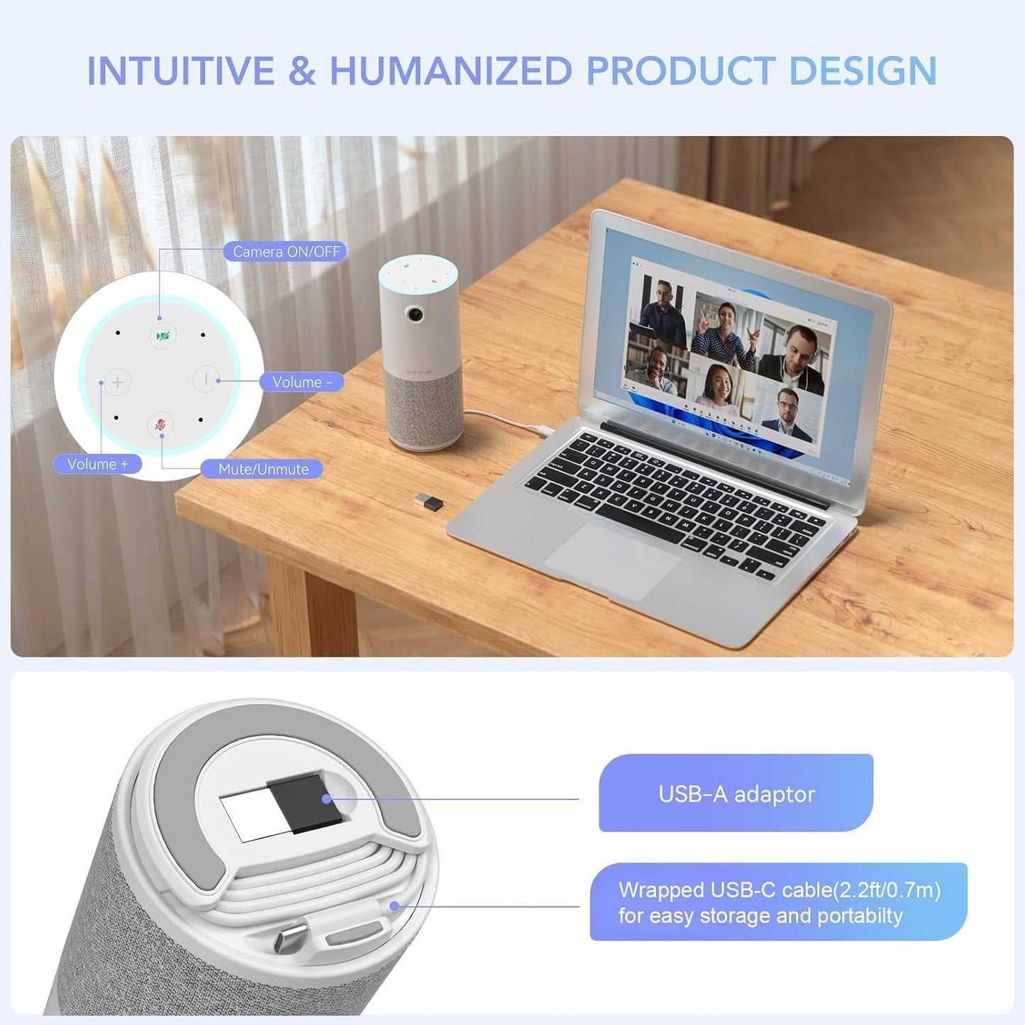 NUROUM C10 1080P Conference Webcam with Microphone Speaker, Portable | 4 Noise Cancelling MEMS Mics, 2MP CMOS Sensor, 90° FOV, 10ft Voice Pickup, Plug and Play, Broad Compatibility