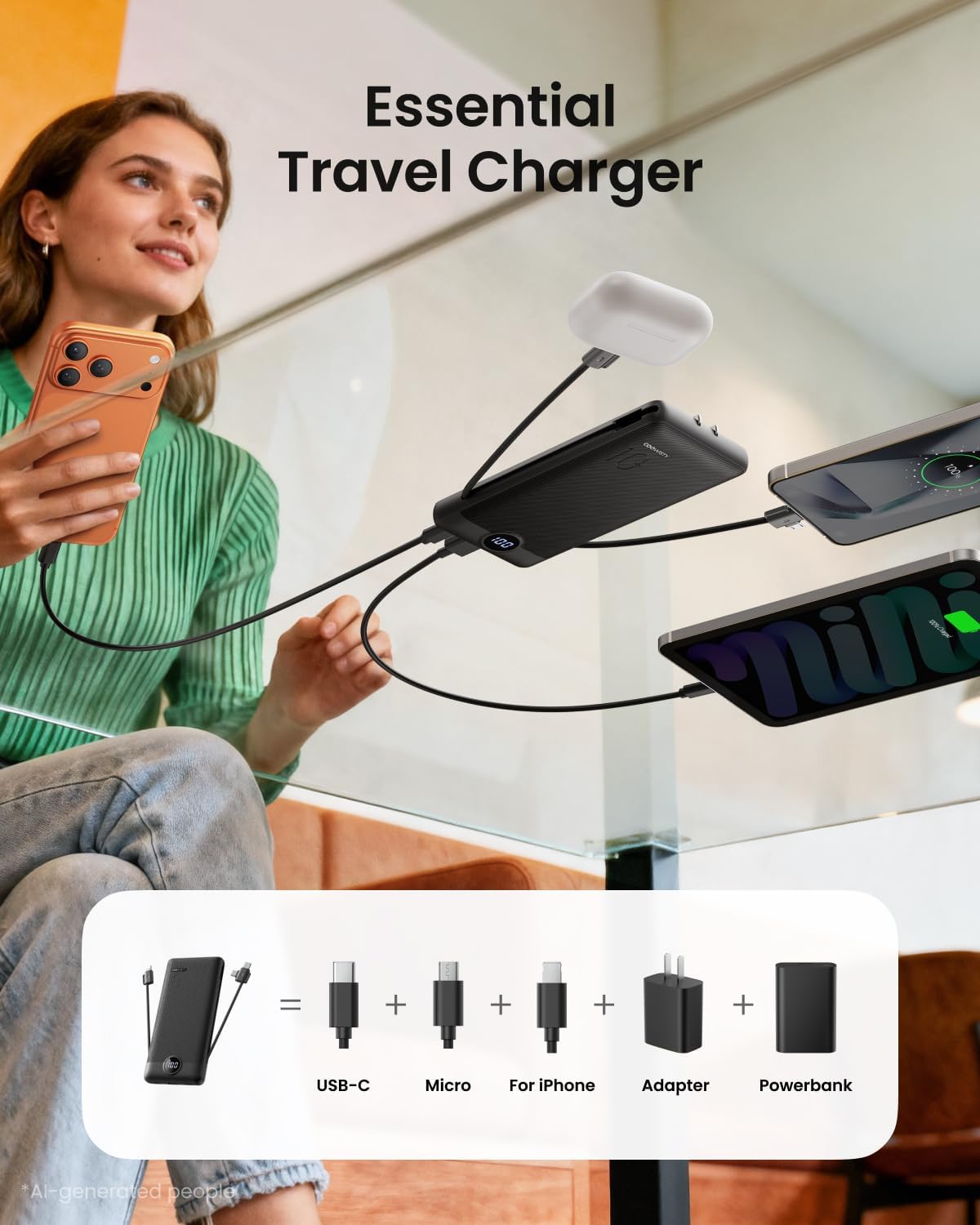 Portable Charger with Wall Plug, Slim USB C Power Bank with Built-in Cables, 10000mah LED Display External Battery Pack Compatible with iPhone/Android & More (Black)