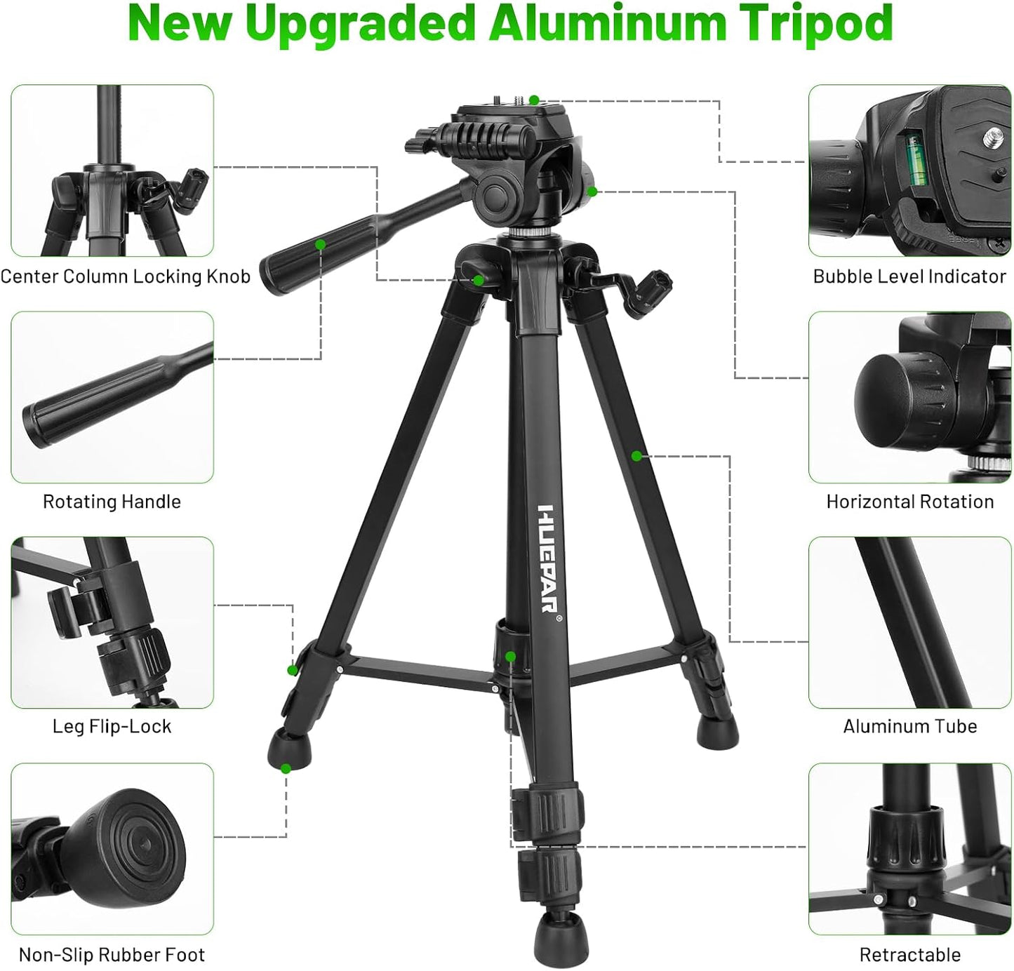 Laser Level Tripod, Huepar 47” Tripod for Cross Line Laser Distance Measures, Phone and Camera, Aluminum Professional Tripod Stand with 1/4" Thread Mount, Carry Bag and Phone Holder, ET11
