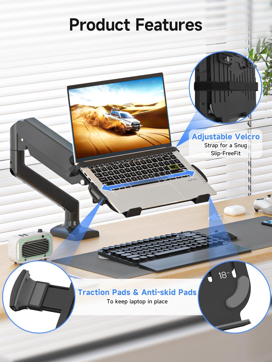 suptek Laptop Tray Adjustable 13 to 18 inch VESA Arm Mount Tray for Monitor Arms and Stands (Tray Only),Fits 75x75/ 100x100 mm VESA Mount Holes,and Supports Weight up to 22lbs,Black(TP0071)