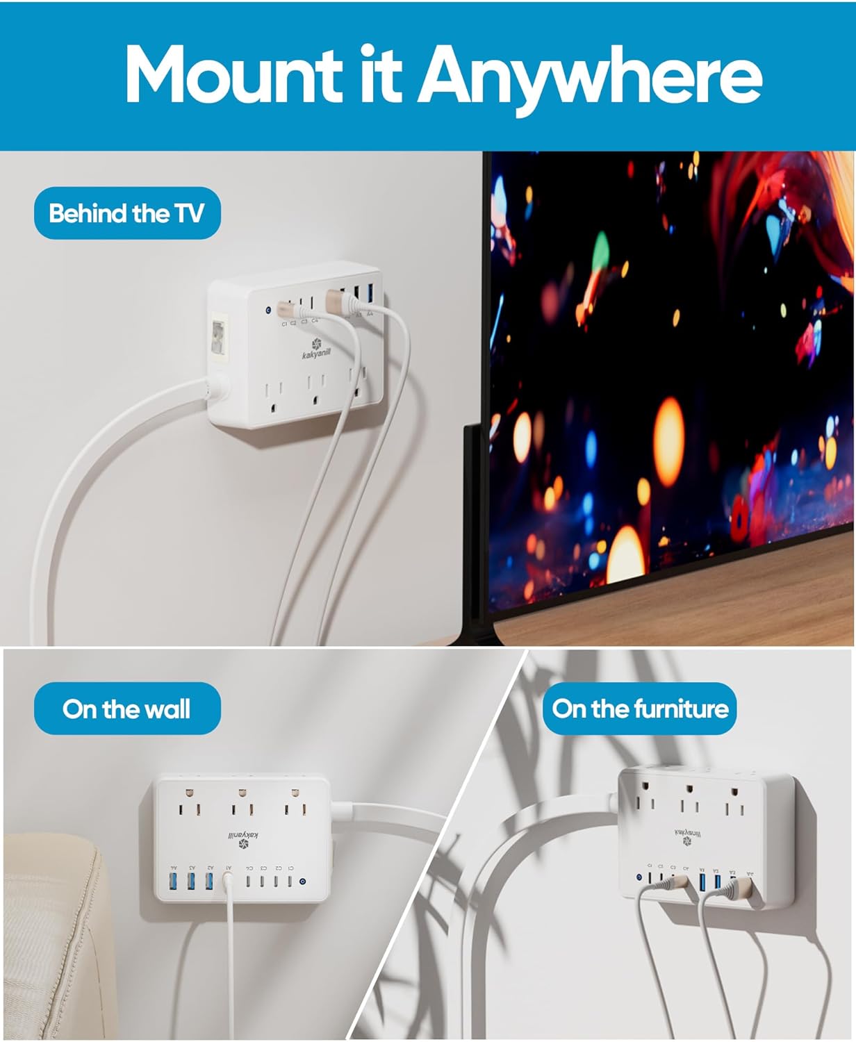 Kakyanill 100W Charging Station, Power Strip with 6 AC Outlets 8 USB Ports | Surge Protector, 5ft Flat Plug Extension Cord, Compact for Desk Home Office Dorm, White