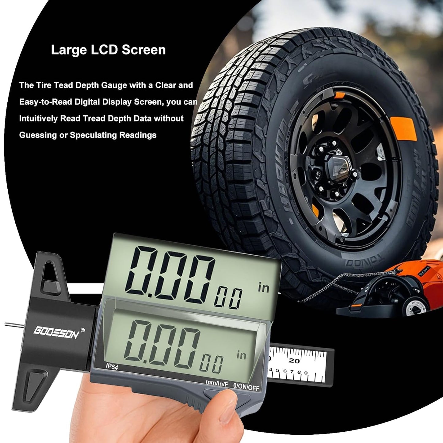 Digital Tire Tread Depth Gauge - IP54 Waterproof, 2.5" LCD Screen, 3 Modes (Fraction/Inch/MM), 1" Range, Auto-Off, Tire Wear Measure Gauge Tool 32nds for Car, Truck & SUV Tires