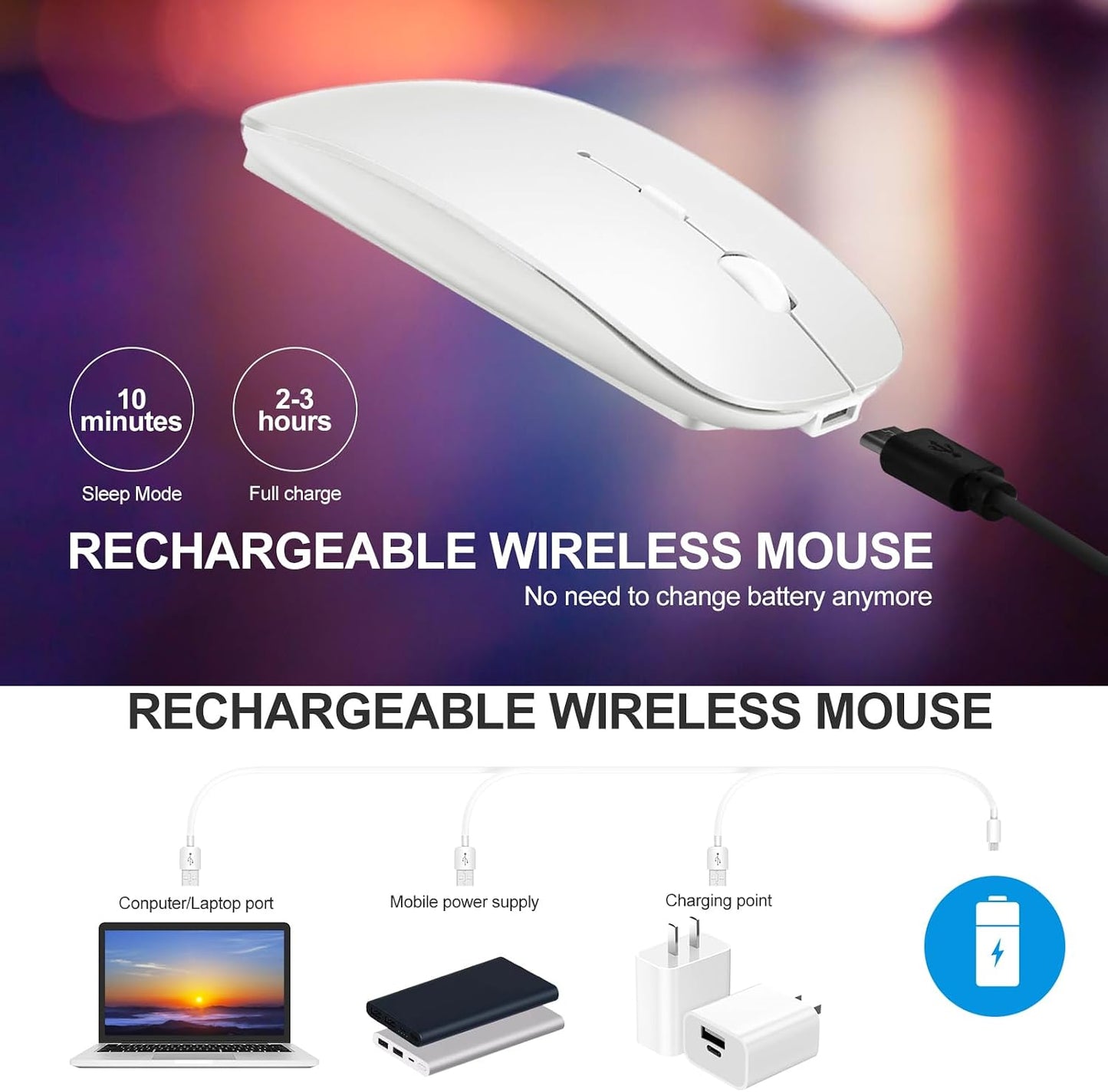 KLO Rechargeable Bluetooth 5.2/3.0/Type-C/USB-2.4G Mouse for MacBook/MacBook air/Pro/iPad, Wireless Mouse for Laptop/Notebook/pc/iPad/Chromebook (White)