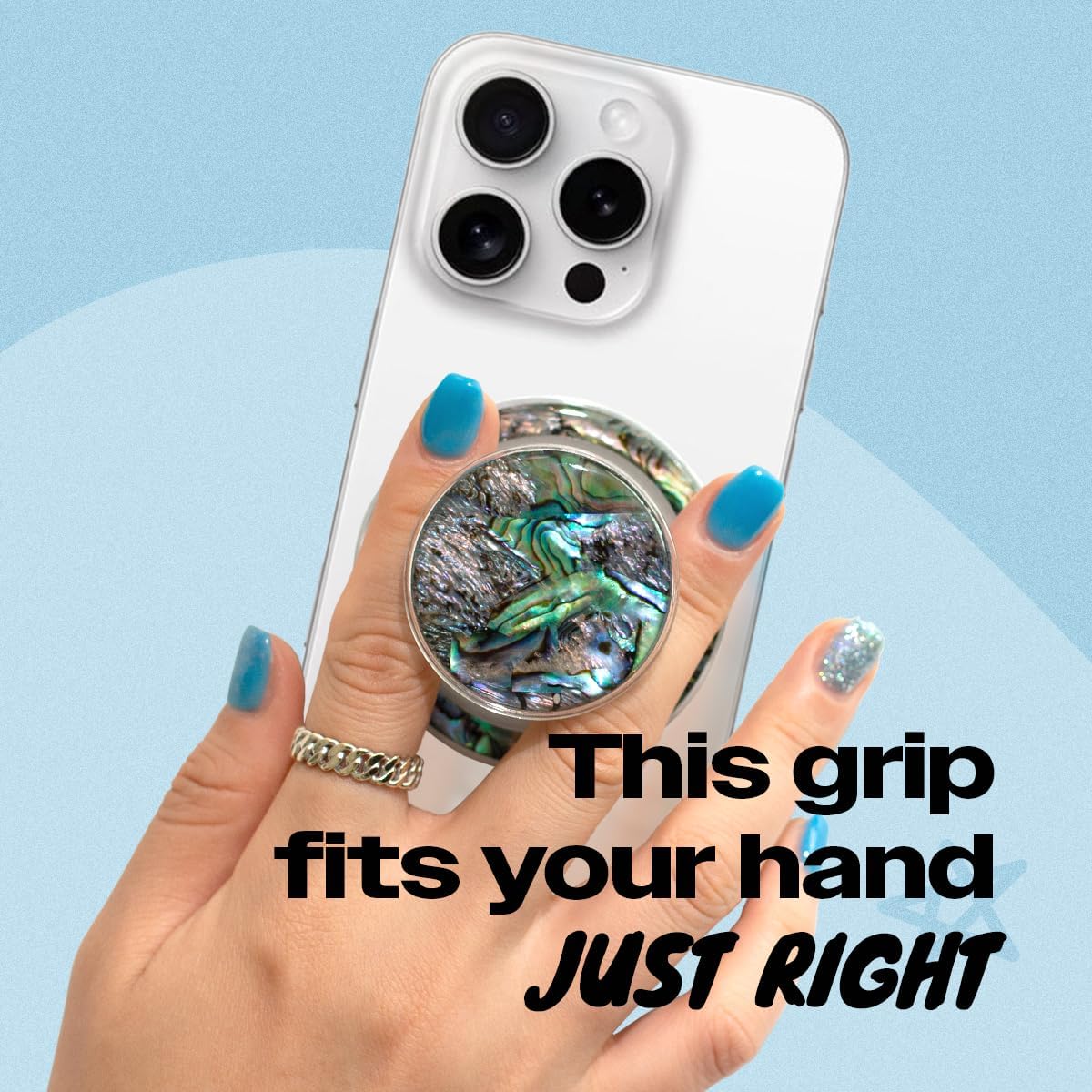 On The Grip Magnetic Phone Grip for MagSafe, Genuine Natural Seashell Stone, Swappable Top, Strong Magnet Holder & Kickstand for iPhone 15 14 13 12 Pro Max Plus & MagSafe Cases (Black Fresh Water)