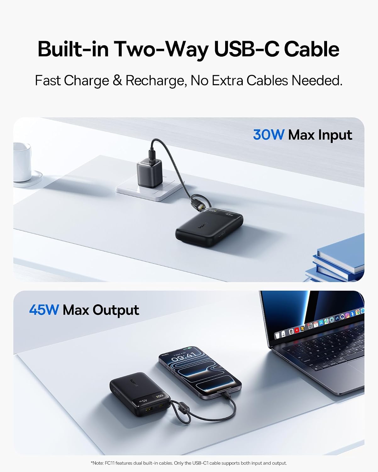 Baseus 20000mAh Compact Portable Charger 45W, CCC Certified Power Bank Built-in USB-C Cables, Travel Essential PD Fast Charging Battery Pack for iPhone 17/16 Series Galaxy S25/S24 Ultra Google iPad