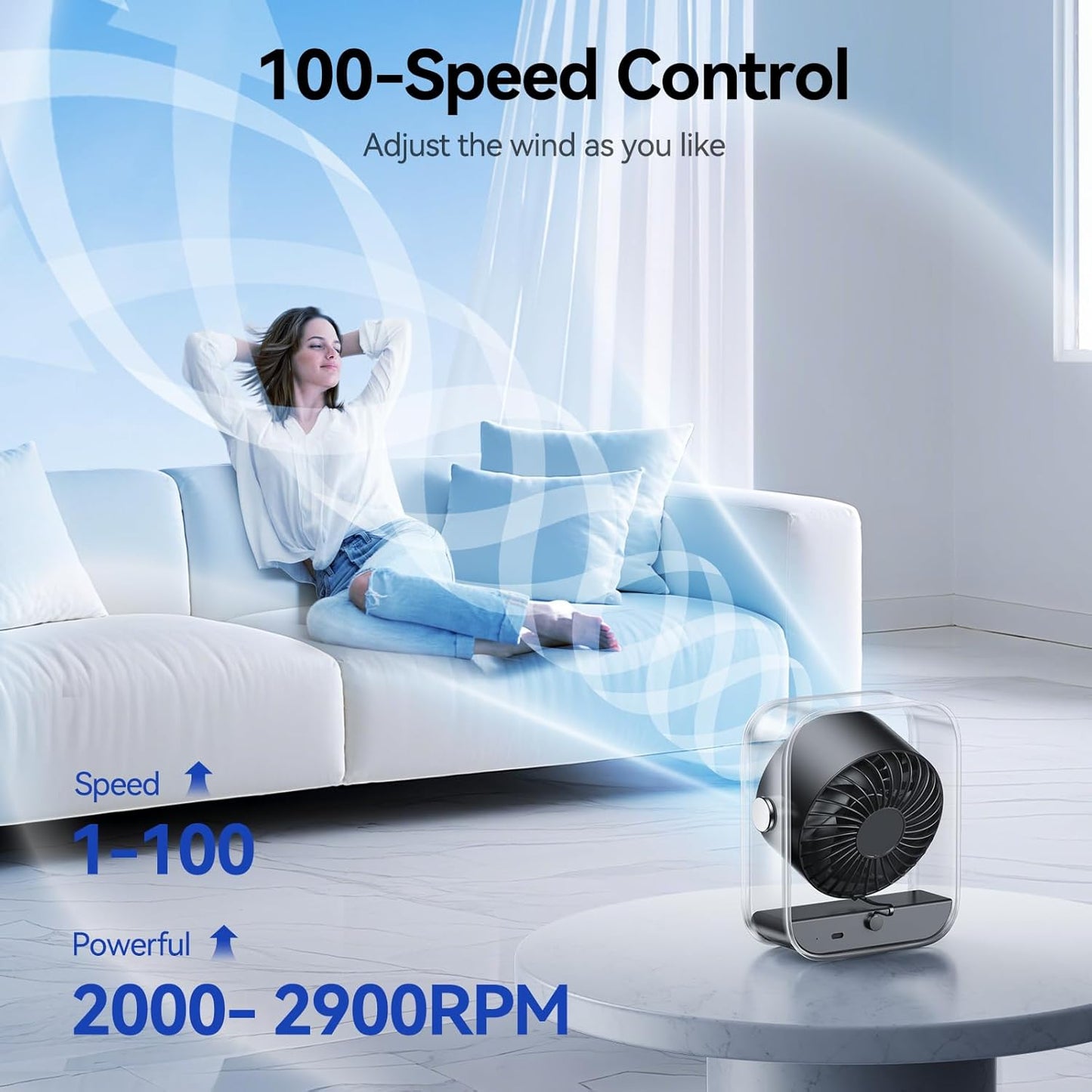 KIMMOO Rechargeable USB Desk Fan, Quiet Table Fan with Turbo Airflow, 100 Speeds, Digital Display, 90° Rotating, Small Battery Desktop Fans for Bedroom Home Office Travel, Black