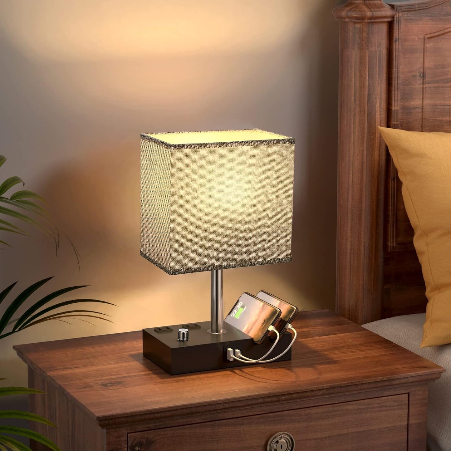 Bedside Table Lamp for Bedroom Nightstand - Stepless Dimmable, 2 AC Outlets | Dimming By Rotary Knob, USB C+A Ports, 2 Phone Stands, LED Bulbs Included, Rectangle Grey Fabric Shade, for Living Room, Desk