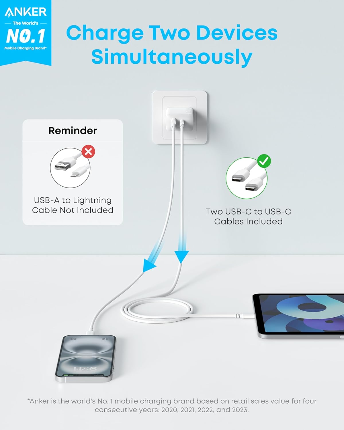 Anker Phone Charger, 20W USB C Charger Block, Type C Charger Fast Charging | For iPhone 17/17 Plus/17 Pro Max/16/16 Plus/16 Pro Max/15 Pro Max/iPad Pro and More (2-Pack with 2 Cables, White)