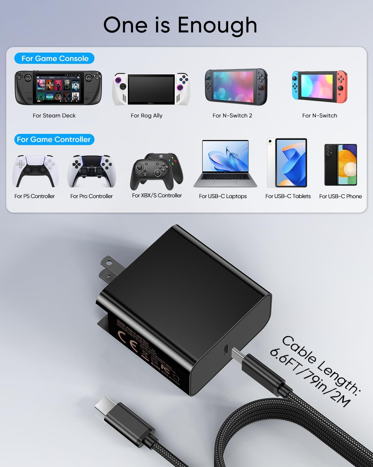 65W Fast Charger for Steam Deck & Nintendo Switch 2 with 6.6FT(2M) Cable - PD3.0 Foldable AC Adapter for ROG Ally, Switch 2 Charger Support TV Dock PS Console[Original Steam Deck Charger Replacement]