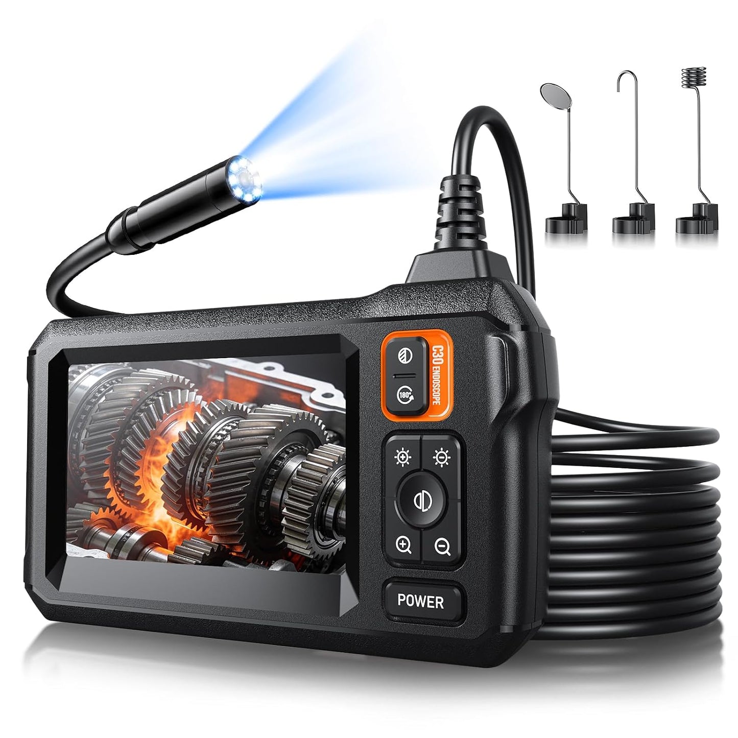 Endoscope Camera with Light, Inspection Borescope Camera with 4.3" IPS Screen, 1920P HD with 8 LED Lights, 16.6FT Semi-Rigid Cord Bore Scope, IP67 Waterproof Endoscope for Sewer, Tools(Orange)