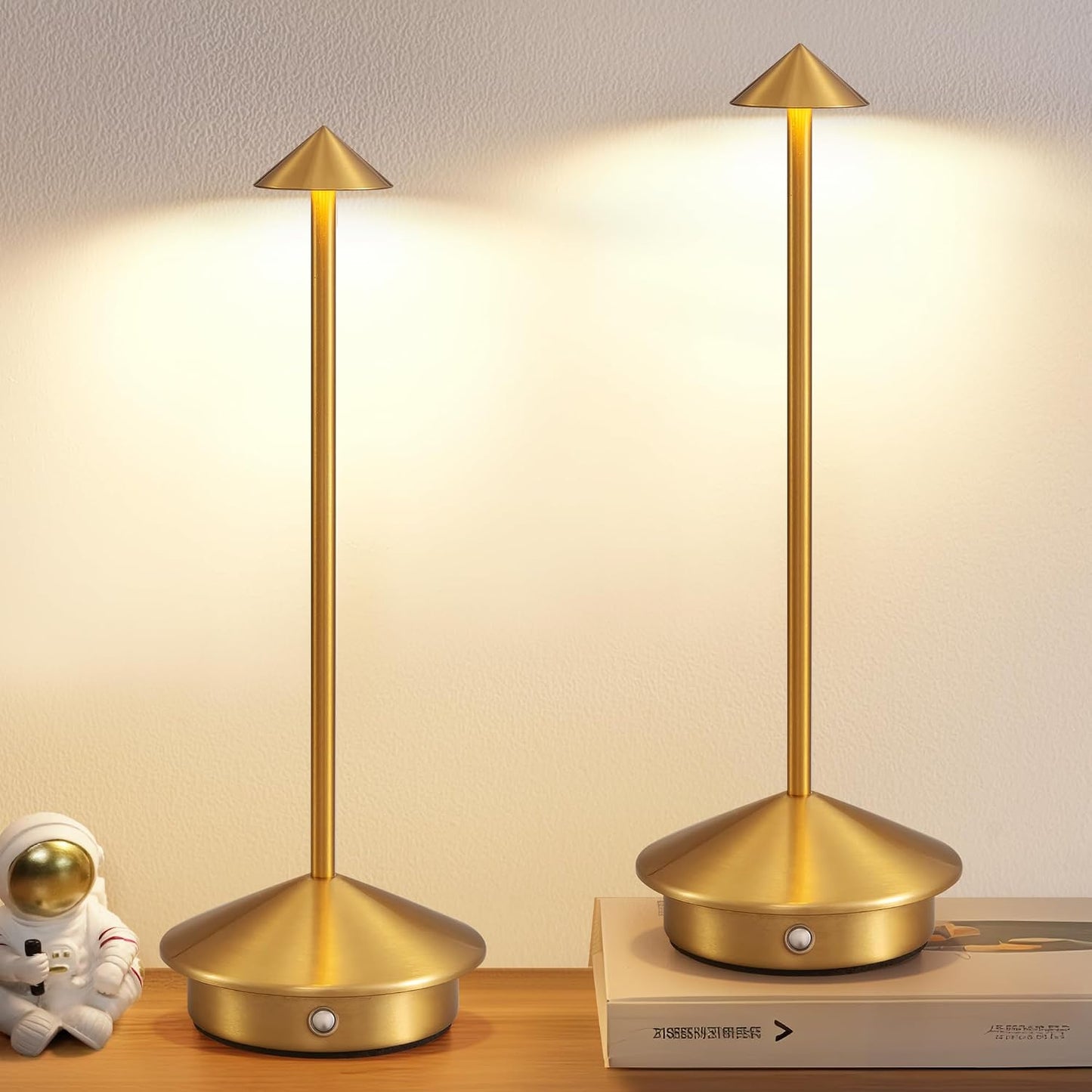 Modern Cordless Table Lamp Set of 2, Gold Portable LED Desk Lamps | 5000mAh, Rechargeable, Battery Operated Lighting for Bedroom, Dining Room, Restaurant, Coffee Shop, Camping, Night Light