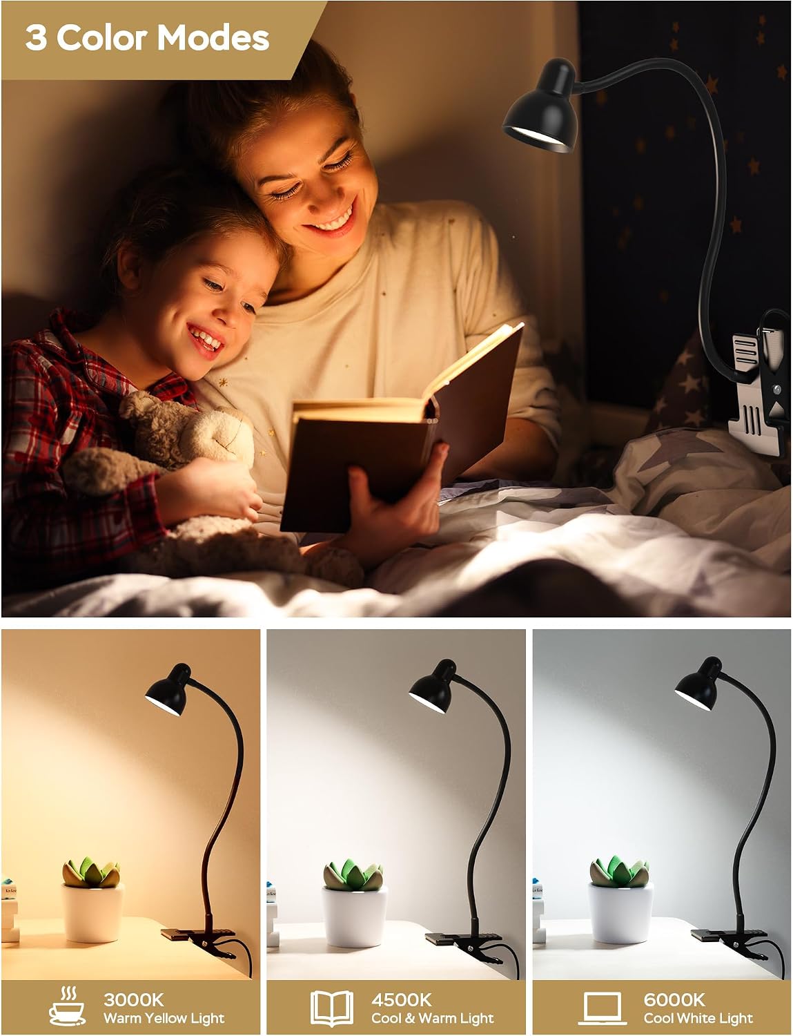 LiFMIRA Clip-on Reading Light - 3 Color Modes, 10 Dimmable Brightness,Black | Eye Care Clamp Desk Lamp with Flexible Gooseneck for Reading in Bed, Desk, Headboard, Computer