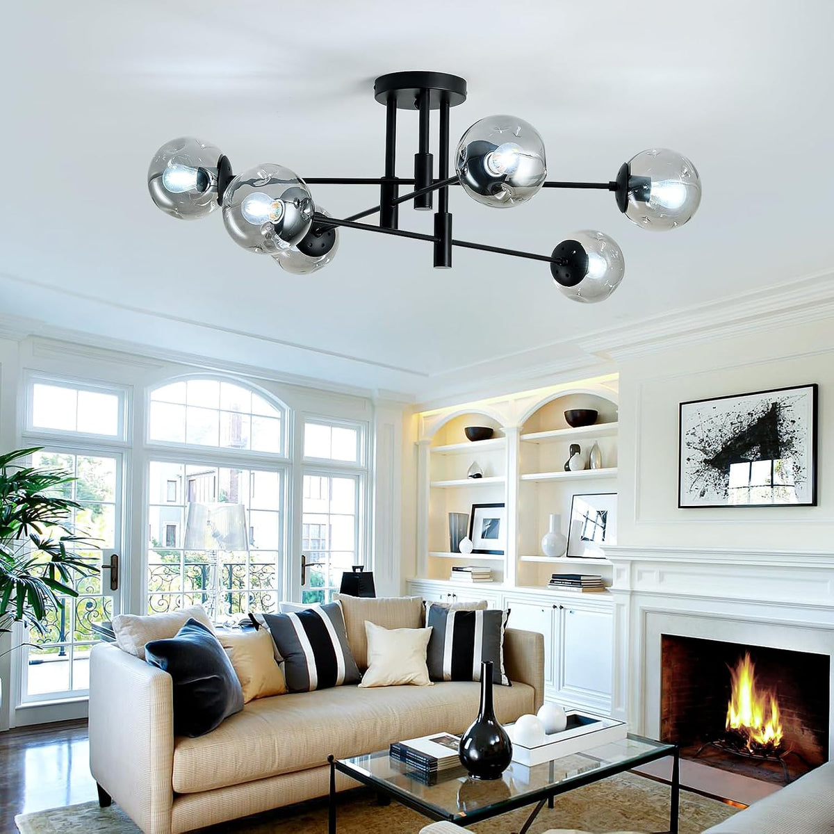 6-Lights Glass Globe Sputnik Chandelier Modern Flush Mount Ceiling Light Fixture Black Farmhouse Lighting for Dining Room Living Room Bedroom Kitchen Passageway.