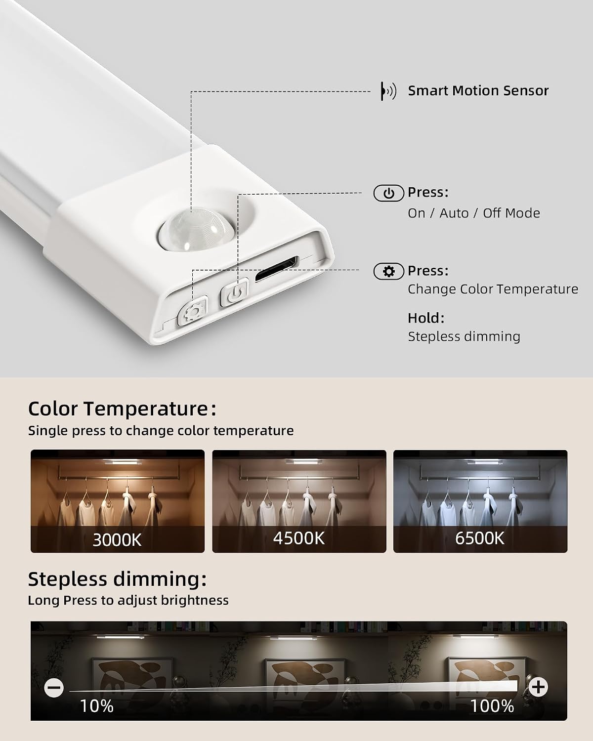 EZVALO 8'' Motion Sensor Closet Lights,Under Cabinet Lighting, 6 Pack