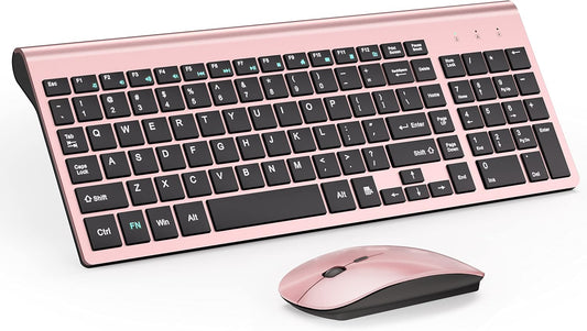 Wireless Keyboard and Mouse Ultra Slim Combo, TopMate - Rose Gold Black