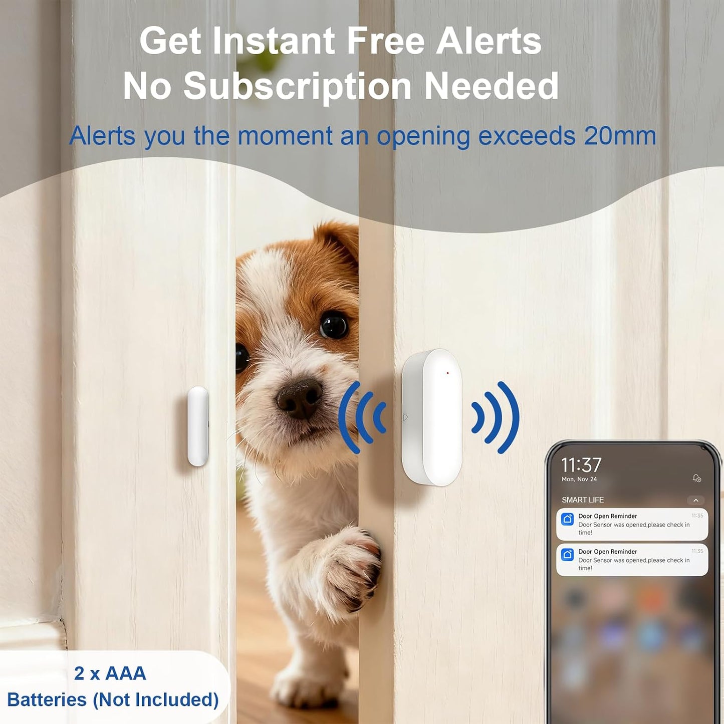 WiFi Magnetic Door Sensor Alarm with App That Alerts Your Phone, Mini Wireless Window Alarms When Opened for Home Security, No Hub Required, Smart Sliding Door Contact Sensors Chimes Safety Protection
