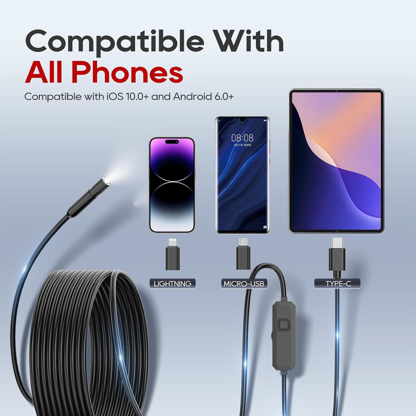 TOPDC Endoscope Camera with Light, 1920P Borescope for iOS and Android | 7.9mm IP67 probe with 8 adjustable LEDs and 16.4FT semi-rigid cable for automotive, pipe, wall and wiring inspections