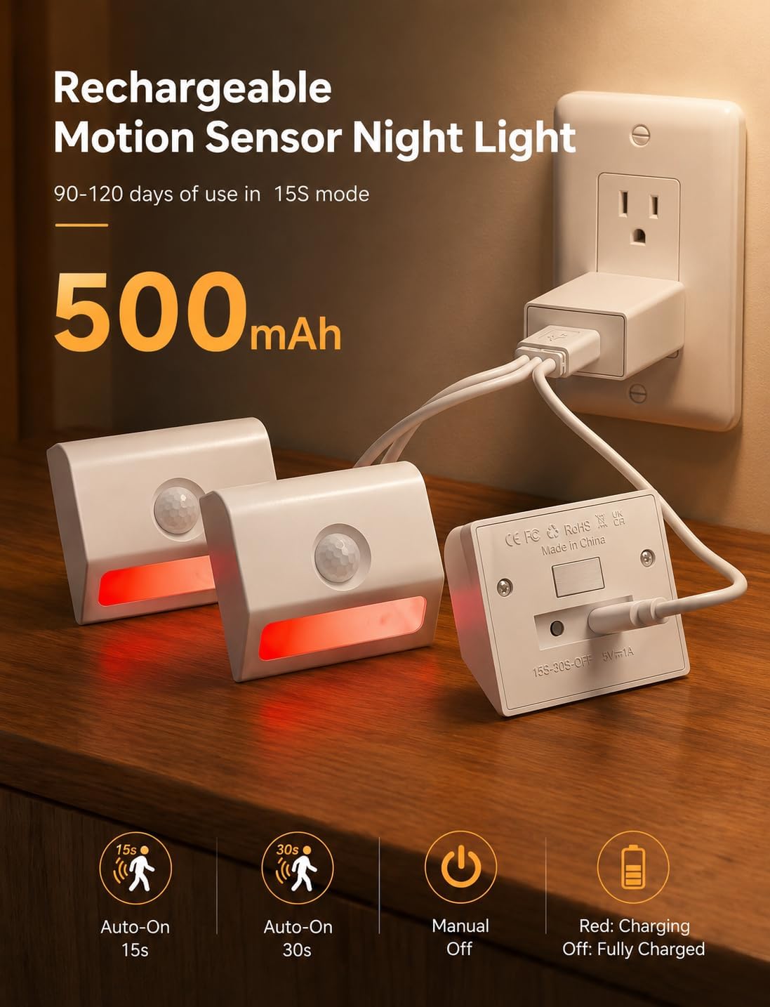 Sujeet Motion Sensor Stair Lights Indoor, 6 Pack Rechargeable Stairway Lights with Glare-Free Downward Glow, 2-Month Battery Life, 3 Color Temperatures, Adjustable 15s/30s Timer, Magnetic Step Lights