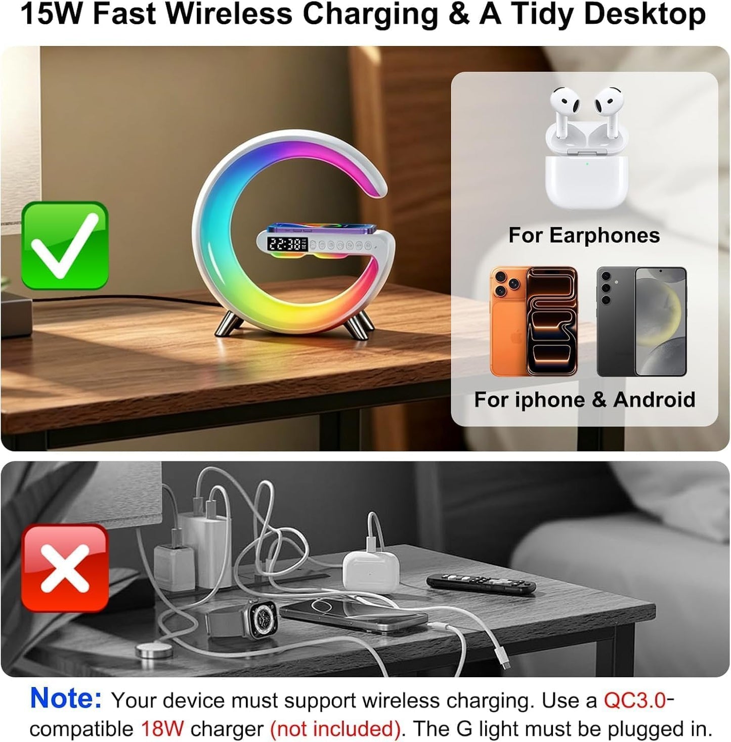 5 in 1 LED Table Lamp with Wireless Charging Bluetooth Speaker | App Controlled Night Light Alarm Clock for Christmas Birthday Gifts for Teens Adults Desk Office Bedroom Decor