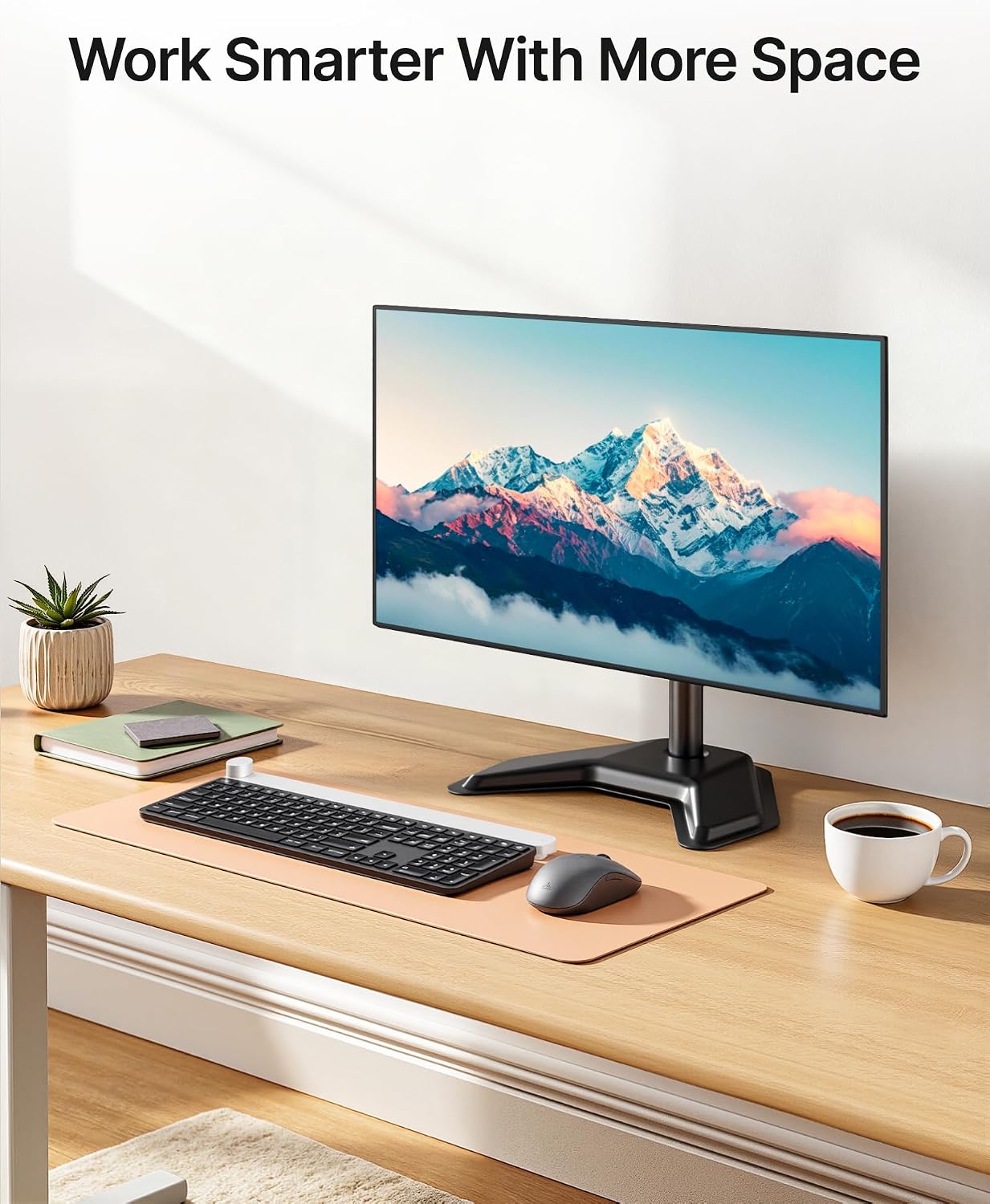 monTEK Freestanding Single Monitor Stand for 17-32" Screens, 22 lbs | Solid V-shaped base, single-screen full-motion arms, height adjustment, tilt, swivel, rotation and VESA 75/100