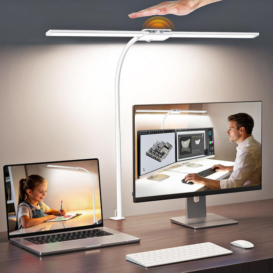 Syrinx LED Desk Lamp, Dual Head Desk Light with Clamp, Eye-Care Table Lamp | Flexible Gooseneck Task Light with Motion Sensor, Wired Control, 50 Lighting Modes, Timer & Memory Function for Home Office