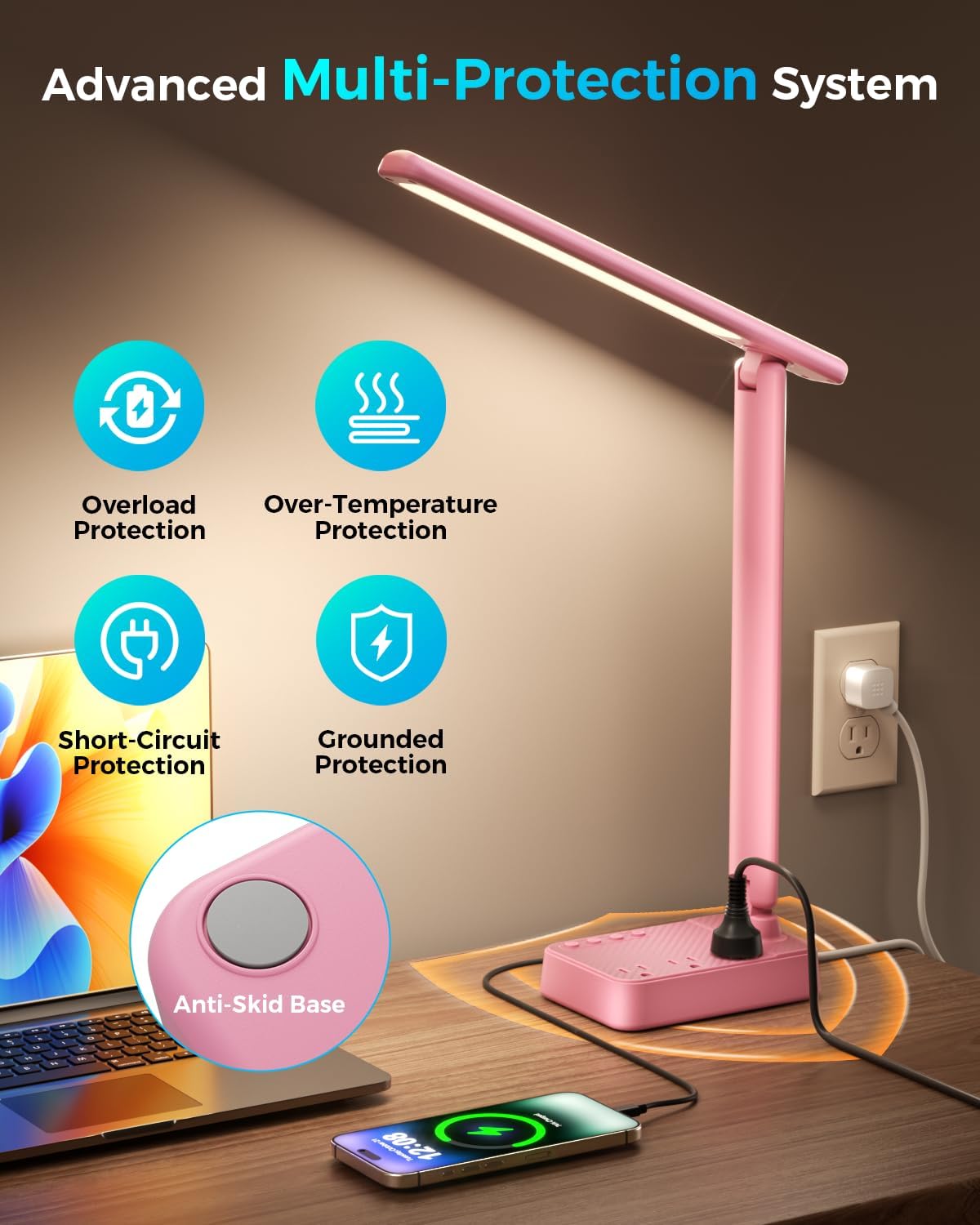 LED Desk Lamp with Power Strip, 3 AC Outlets, 4 USB Ports, Stepless Dimming