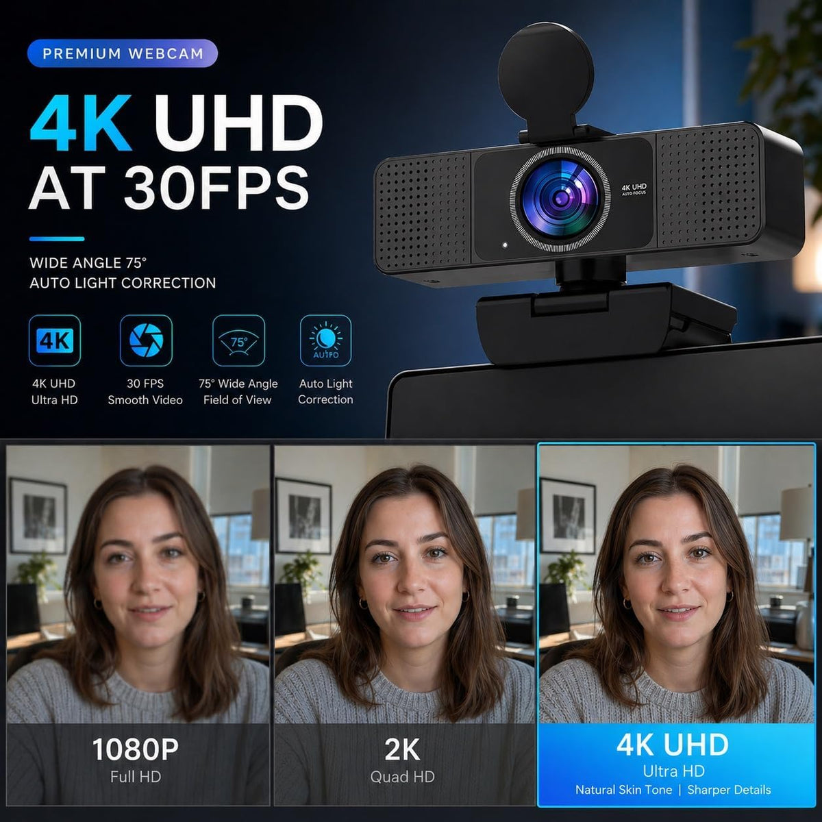 4K Webcam for PC with Dual Microphones,UHD 30fps Web Camera,Autofocus USB Webcam with Privacy Cover,Tripod, Plug & Play Camera for Zoom, Teams, Skype, Streaming, Laptop & Desktop