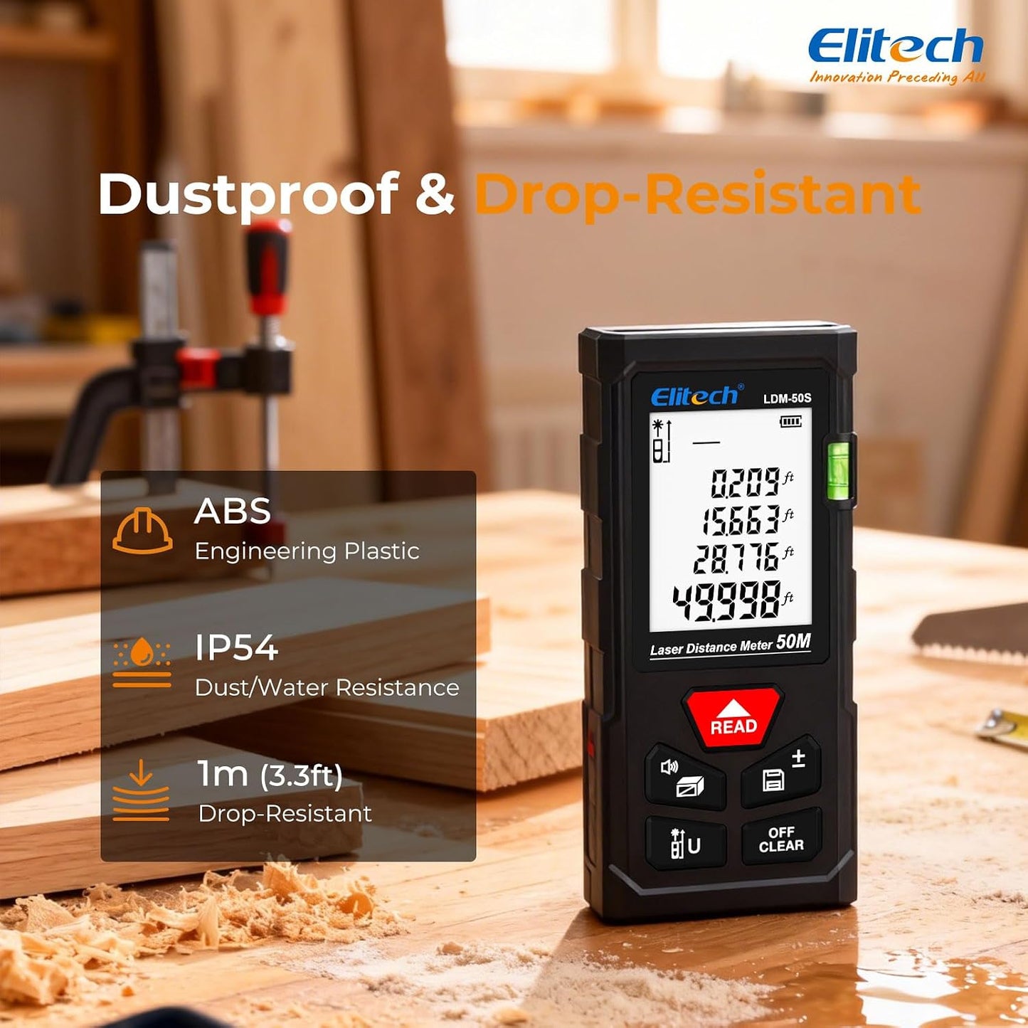 Elitech Laser Tape Measure, 165ft Laser Distance Meter with Bubble Level | 6 Measurement Modes, 99 Measurement Memory, Backlit LCD, M/in/ft Unit Switching, Simple Button Control