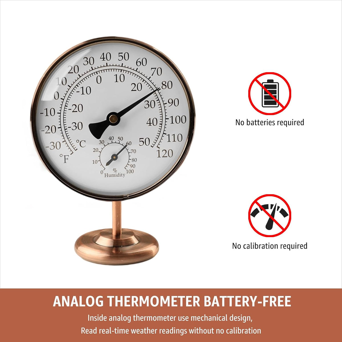 4" Indoor Thermometer & Humidity Gauge, Brass Dial with Stand