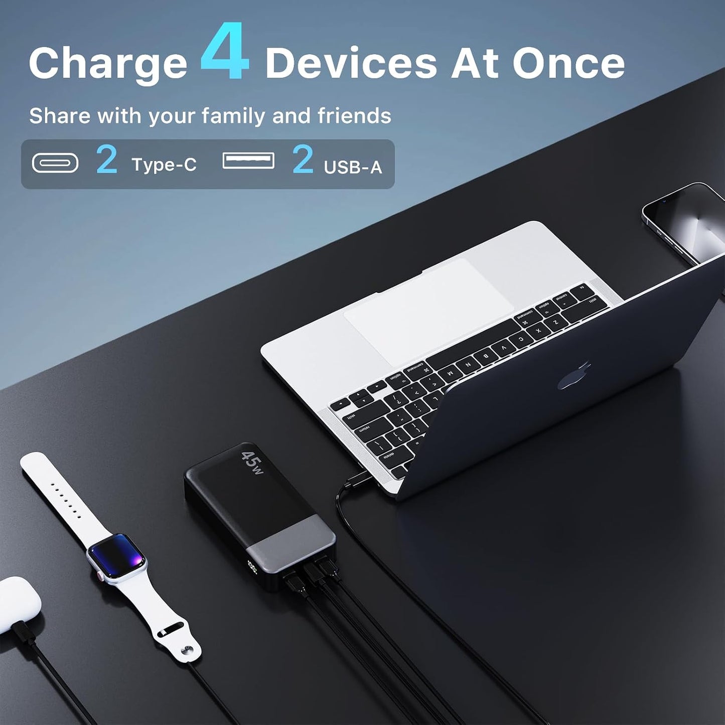NOBIS Portable Charger 45W 20000mAh Power Bank Fast Charging | 2C+2A Battery Pack with C to C Cable, Battery Bank with Digital Display for iPhone Android Laptop etc