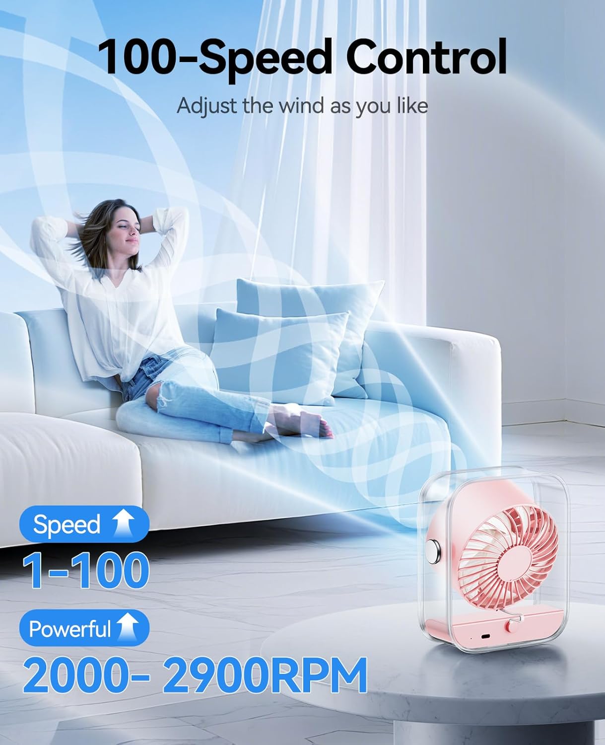 KIMMOO Rechargeable USB Desk Fan, Quiet Table Fan with Turbo Airflow, 100 Speeds, Digital Display, 90° Rotating, Small Battery Desktop Fans for Bedroom Home Office Travel, Pink