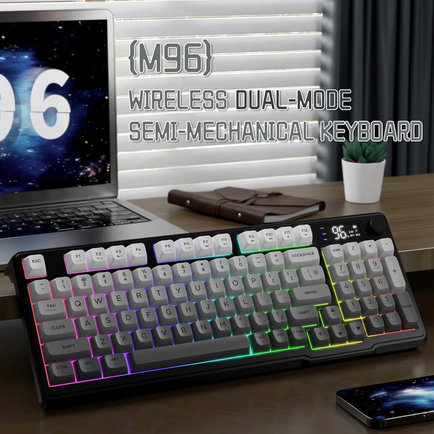 LexonElec M96 Wireless Keyboard, Low Profile Quiet Typing Membrane Gaming Keyboard with Smart Display & Knob, RGB Backlit, USB C Rechargeable, 94 Keys PBT Keycap for Windows PC,Mac,Linux-Moonlit Night