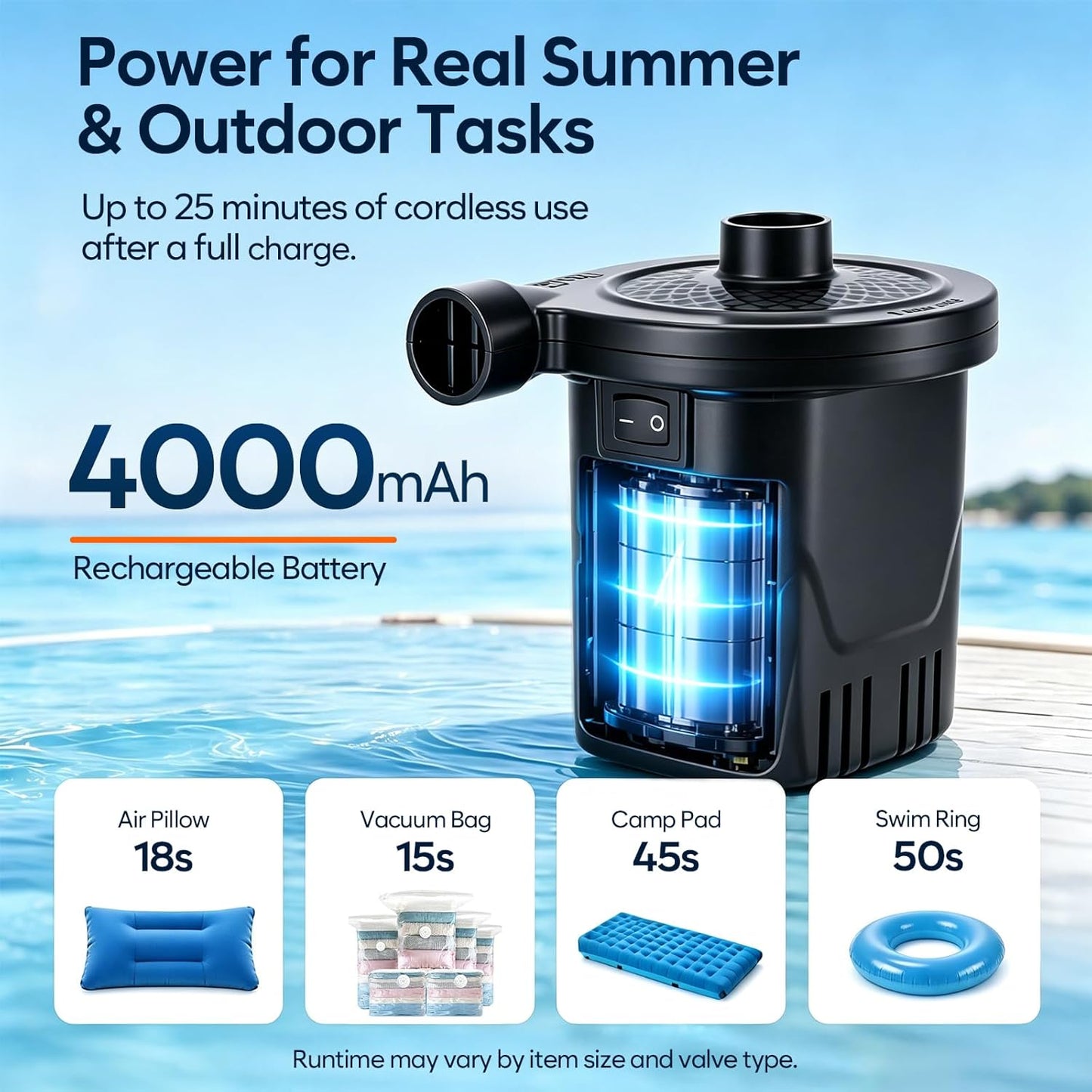 AGPTEK Rechargeable Air Pump,4000mAh Quick-Fill Inflator Deflator,3 Nozzles | Portable Electric Air Pump, Lightweight, for Air Beds, Air Mattresses, Pool toys,Inflatables,Fast Inflation,Camping, Outdoor