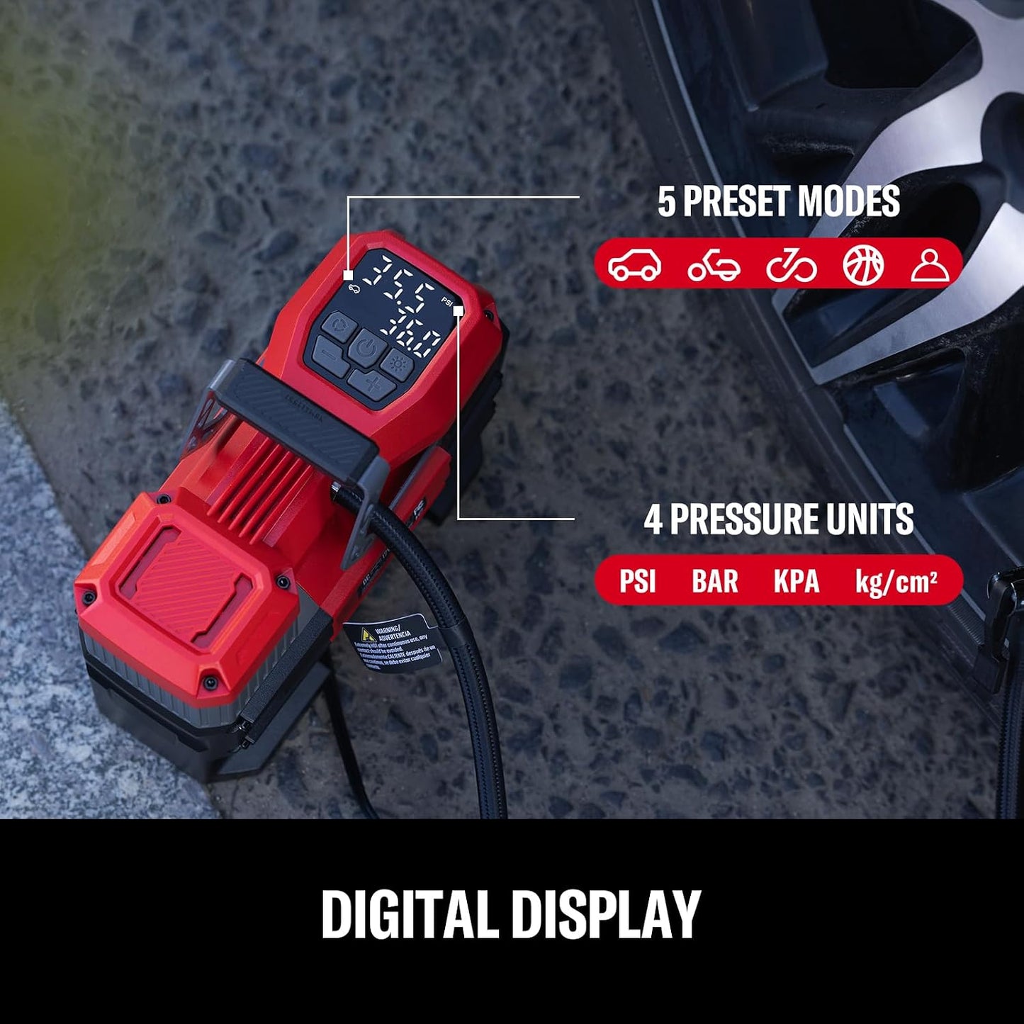 CRAFTSMAN Portable 12V Tire Inflator with Digital Gauge & Auto Shut-Off | 150 PSI Air Compressor with LED Light and 12V DC Car Plug Compact Air Pump for Car Tires, Bikes & Sports Equipment