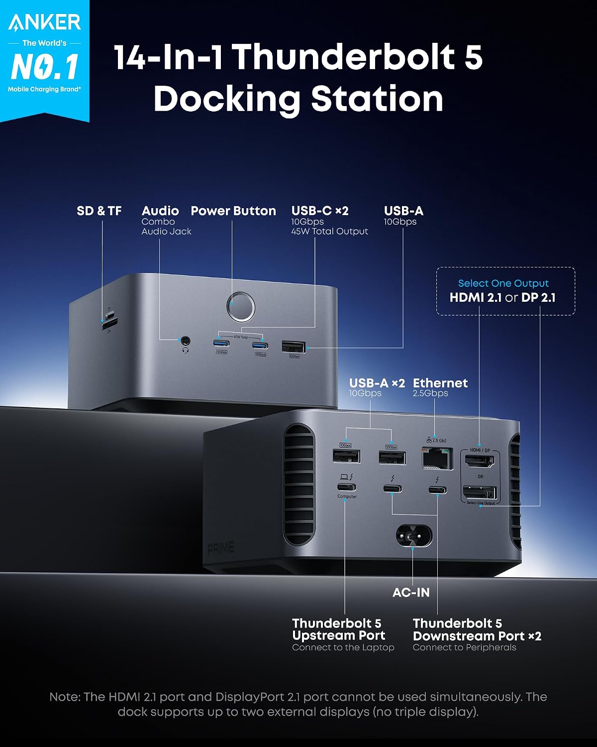 Anker Prime TB5 Docking Station, 14-in-1 Thunderbolt 5 Dock for Laptops