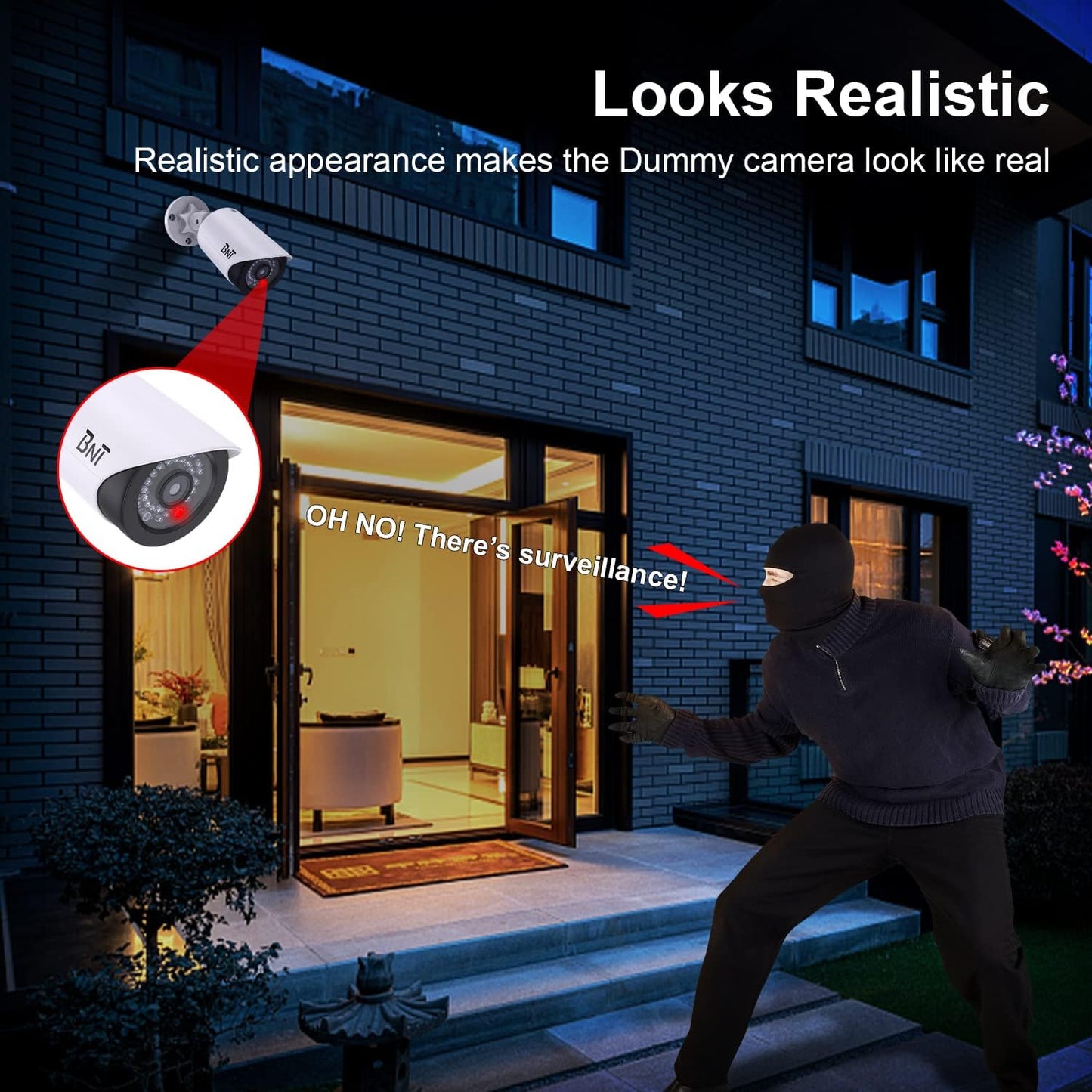 BNT Dummy Fake Camera, Surveillance Security CCTV Dome Camera, with One LED Light, Security Alarm Sticker Label (TC-W2), Security Camera Suitable for Indoor/Outdoor (2 Pack, White)