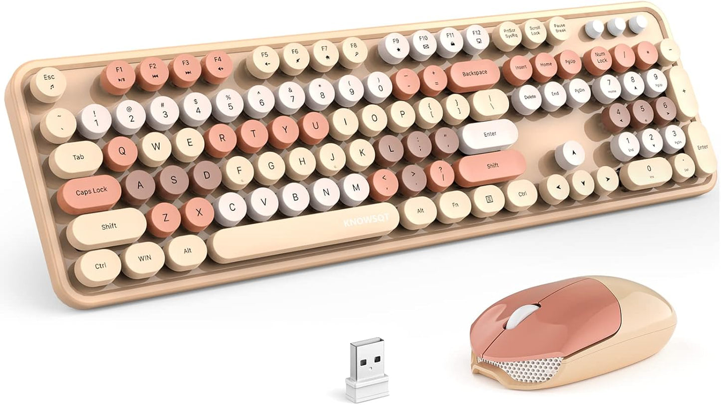 KNOWSQT Wireless Keyboard and Mouse Combo, MilkTea 104 Keys Full-Sized 2.4 GHz Round Keycap Colorful Keyboards, USB Receiver Plug and Play, for Windows, Mac, PC, Laptop, Desktop