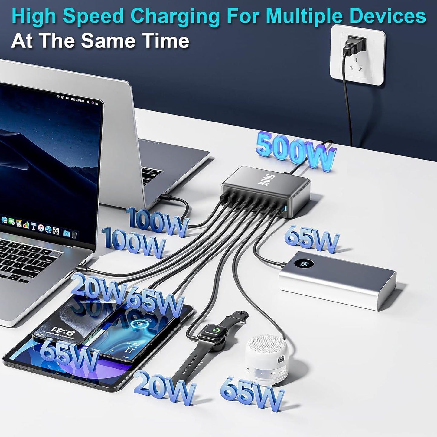 500W USB C Charger Block, Multi-port Fast USB Charging Station Dual PD 100W GaN Ⅲ Charging Station For Multiple Devices, Laptop Charger Adapter Compatible with MacBook, DELL, iPad, iPhone, Samsung etc