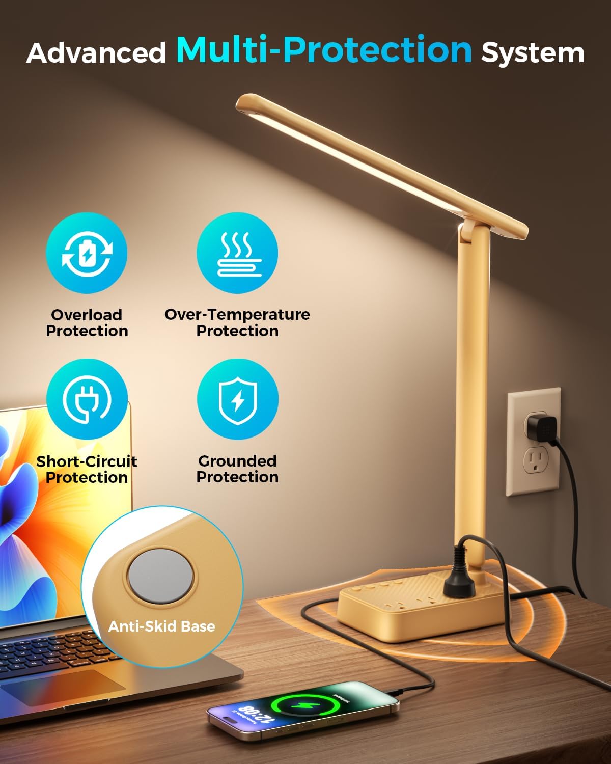 LED Desk Lamp with Power Strip, 3 AC Outlets, 4 USB Ports, Stepless Dimming