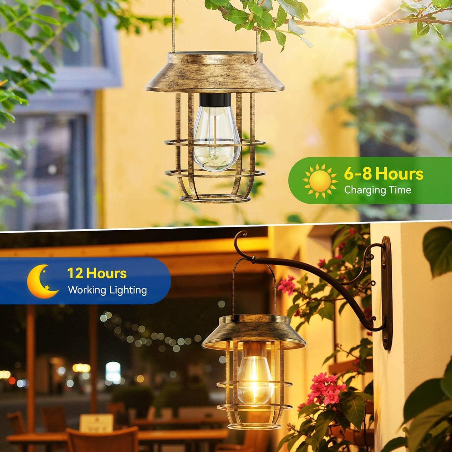 Ahaorigin 2 Pack Solar Lanterns Outdoor Waterproof, High Brightness Hanging Solar Lights for Outside with Wall Hooks, Retro Metal Outdoor Lanterns Auto On/Off for Garden, Porch, Patio, Yard Decor