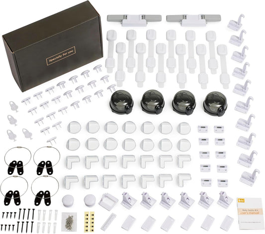 Baby Proofing Kit 112 Pack – Complete Baby Proofing Essentials Set with Magnetic Cabinet Locks, Door Lever Lock, Stove Knob Safety Covers, Corner Protectors, Outlet Plug Covers & Furniture Straps