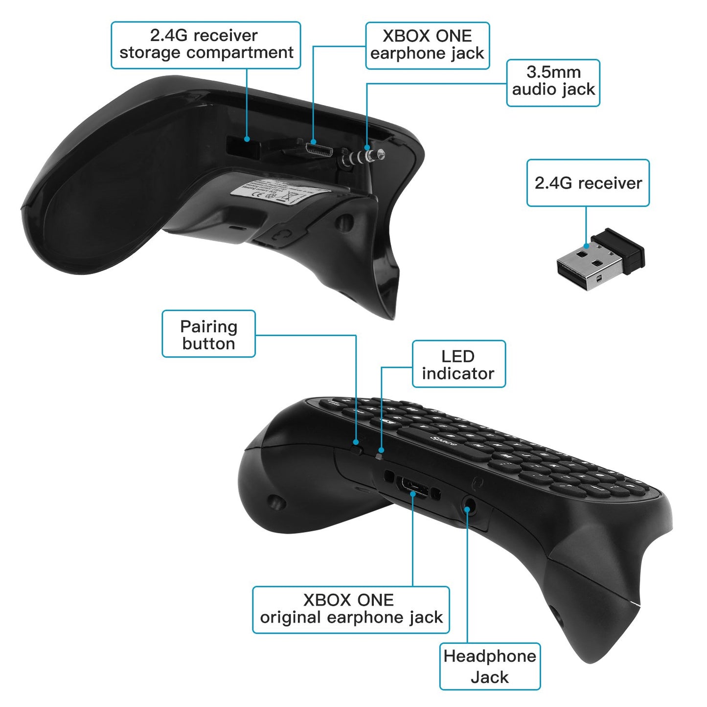MoKo Green Backlight Keyboard for Xbox One Controller, Black | Wireless Chatpad with Headset & Audio Jack, Accessories fits Xbox One/One S/ Elite/2, Series X/S, 2.4G Receiver Included