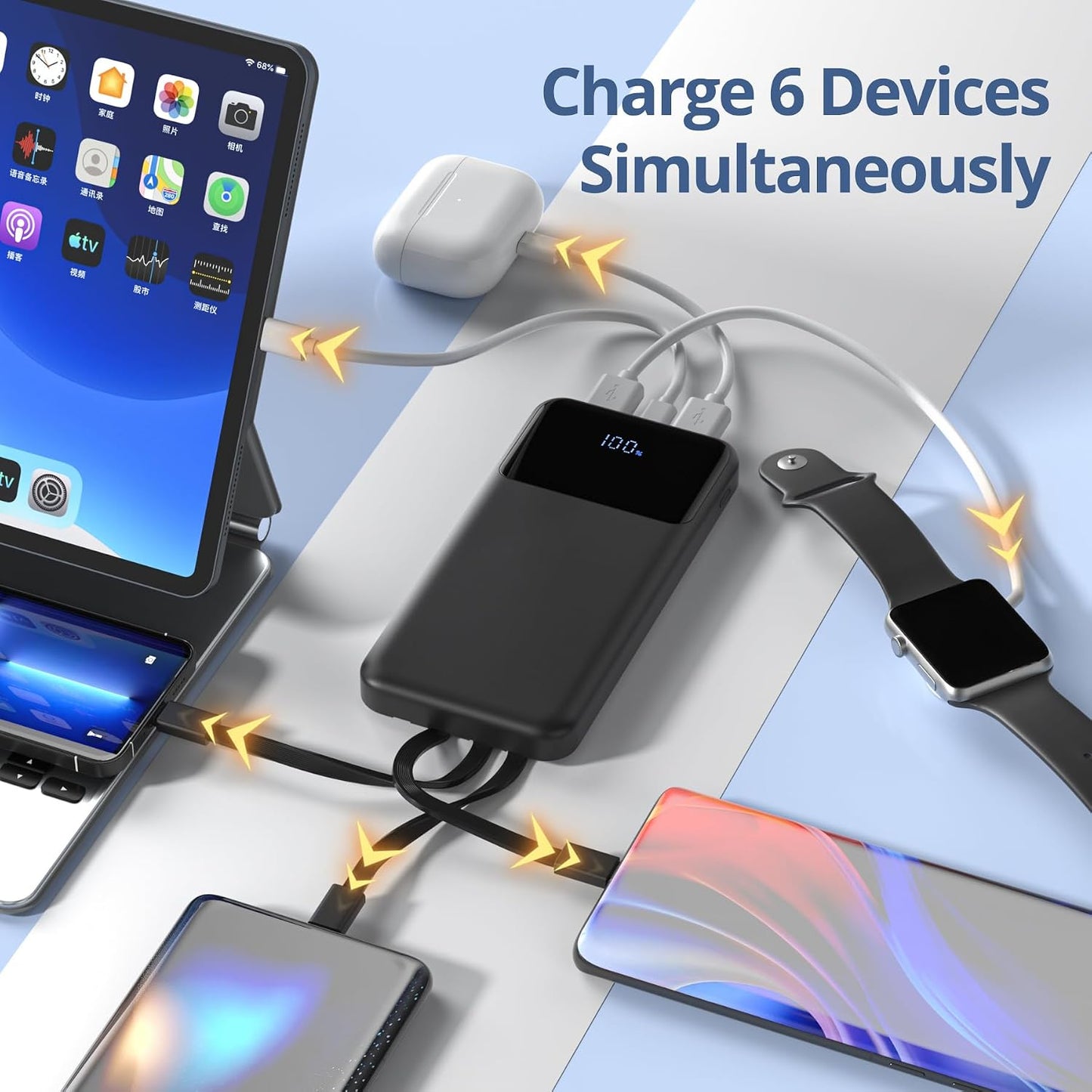Portable Charger with Built in Cables, Power Bank with Cords Wires, Slim 10000mAh Travel Battery Pack 6 Outputs 3 Inputs 3A Fast Charging for Samsung Google Pixel LG Moto iPhone iPad, 1 Pack
