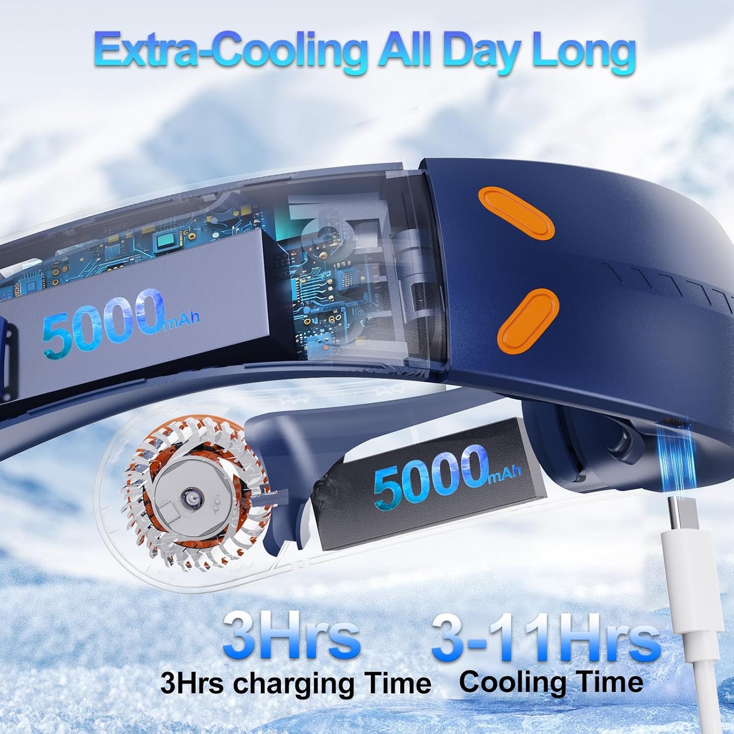 Portable Neck Fan, 5000mAh Bladeless Fan with 3 Built-in Fans, Instant Cooling 360° Surround Airflow & LED Display, Wearable Personal Fan for Outdoor, Travel, Gifts for Women Men (Blue)