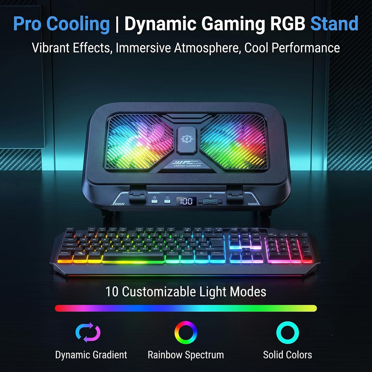 Dual-Core Gaming Laptop Cooling Pad, 9500 RPM Turbofans Smart LED Display Fast Cooling Laptop Cooler for 12-21in Laptops 5 Height Stands 100 Gear Speed RGB Light Phone Holder (Black)
