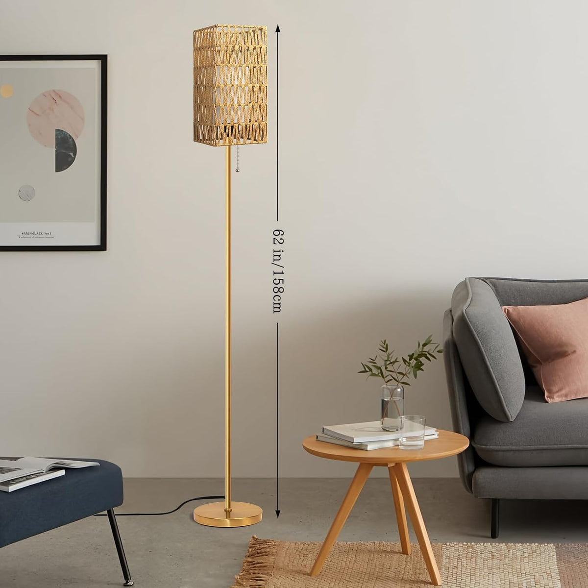 Ruiever Floor Lamp for Living Room,Farmhouse Floor lamp,Modern Standing lamp with Hand-Worked Rattan Shade (Square Rattan Shade Body Gold Color-3 Color Bulb)